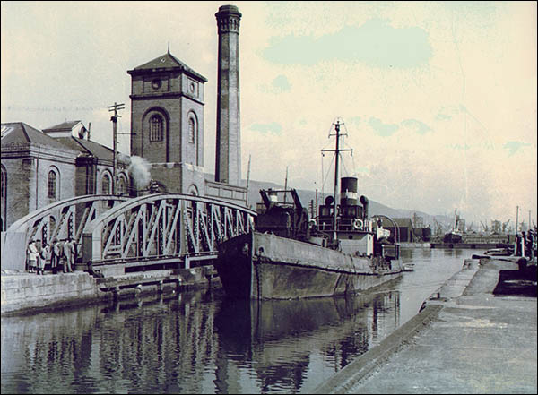 Old photo of the pump house at Swansea South Dock